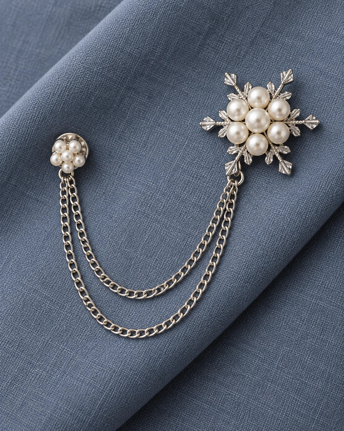 Lume Snowflake Lapel Chain Brooch in silver-tone finish; complete color display