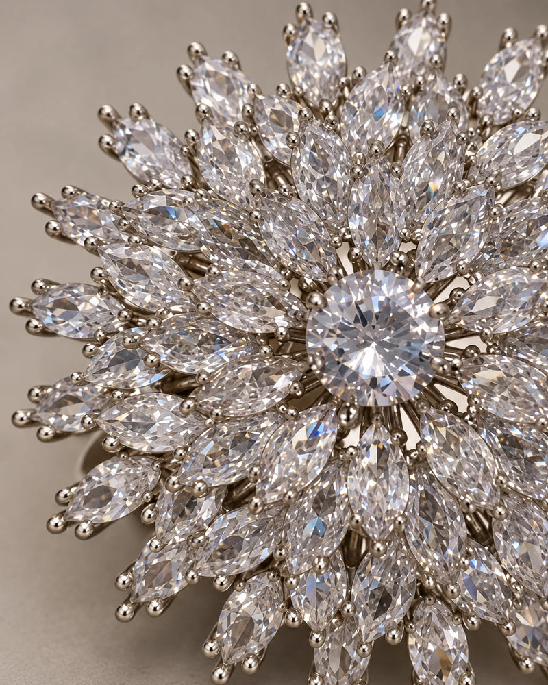 Detail of Lumi layered clear marquise zircon rays and round center stone