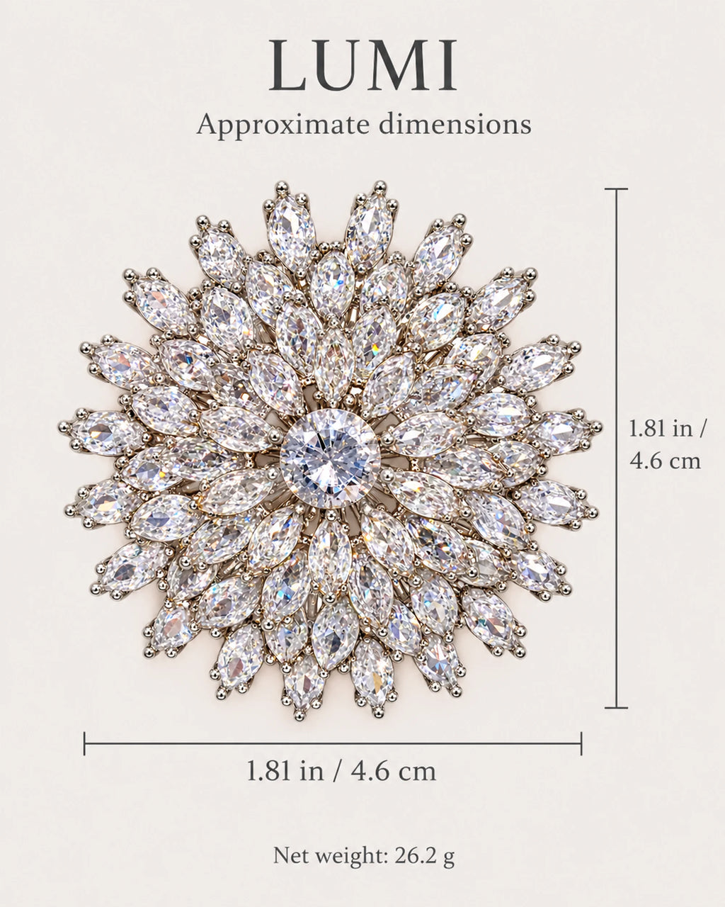Lumi approximate dimensions 1.81 by 1.81 inches, 4.6 by 4.6 centimeters, net weight 26.2 grams