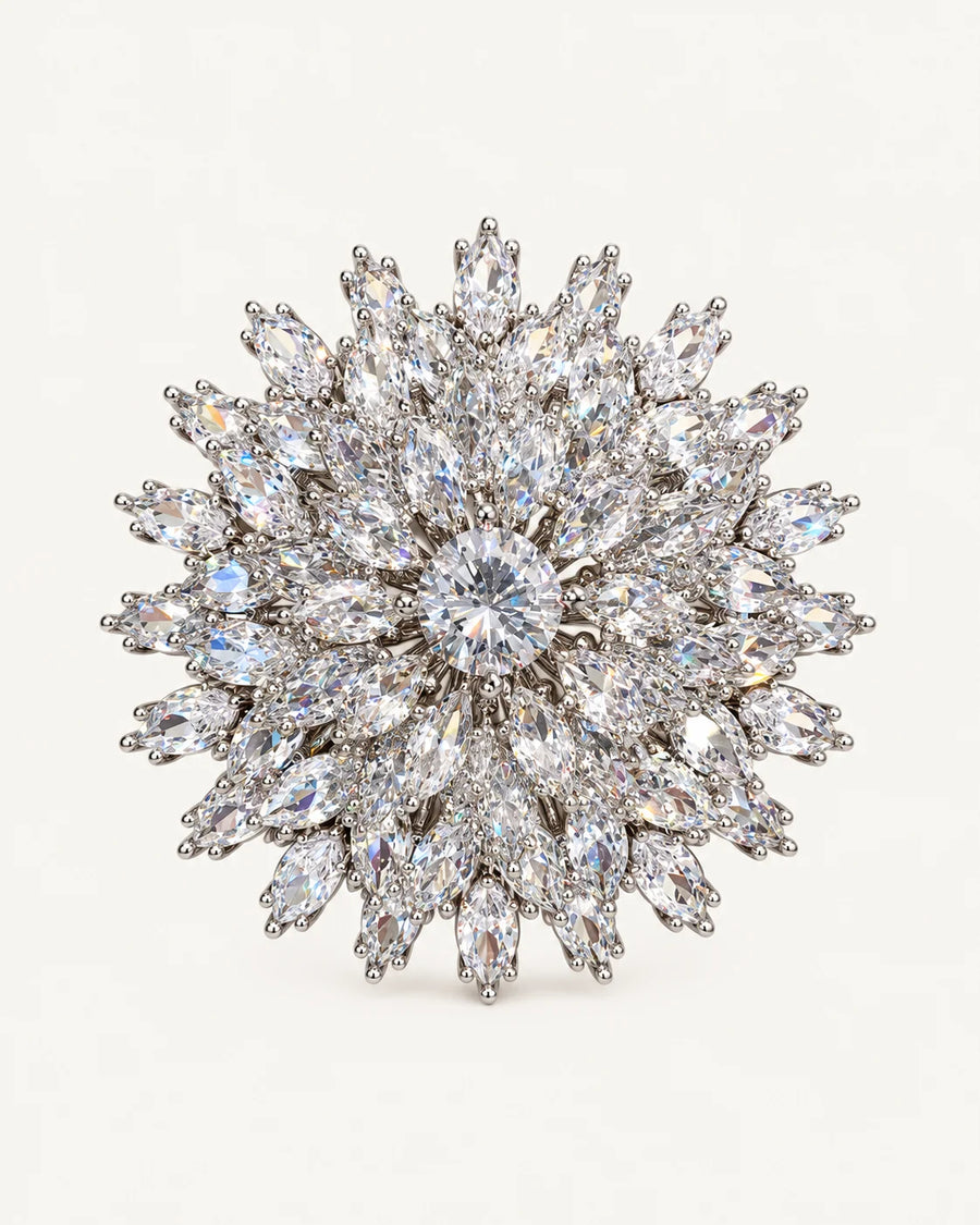 Lumi layered clear zircon snowflake brooch in a silver-tone copper setting