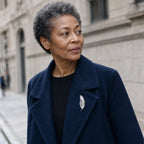 Black woman wearing the Lumi Crystal Feather Brooch at true 6.5 cm scale on a navy wool coat outdoors