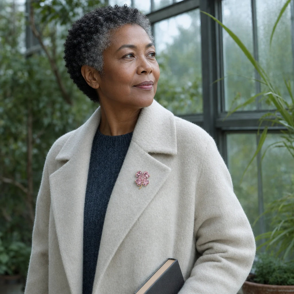 Mature Black woman wearing the Lykke Pink Clover Brooch at true 3.1 cm scale on a cream wool coat