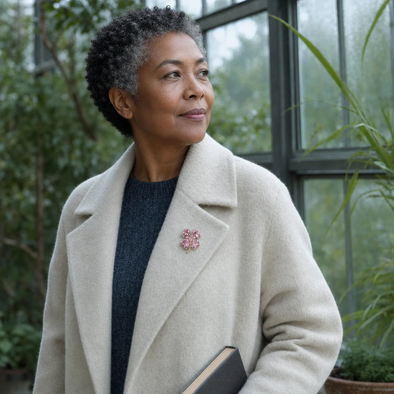 Mature Black woman wearing the Lykke Pink Clover Brooch at true 3.1 cm scale on a cream wool coat