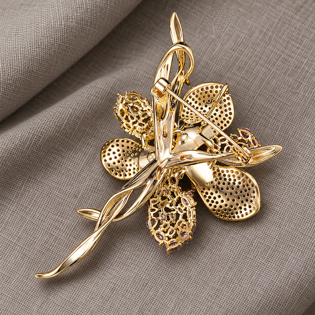 Rear view of Malva Multicolor Zircon Flower Brooch showing the exact pin, catch and metal construction.