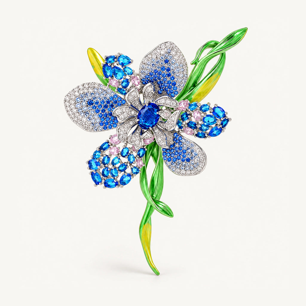 Malva Blue flower brooch with blue zircon accents, a silver-tone setting and green enamel stem.