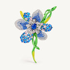 Malva Blue flower brooch with blue zircon accents, a silver-tone setting and green enamel stem.