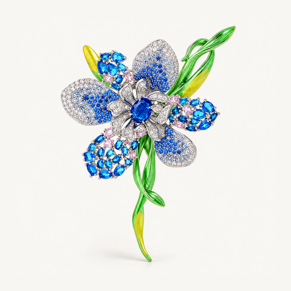 Malva Blue flower brooch with blue zircon accents, a silver-tone setting and green enamel stem.