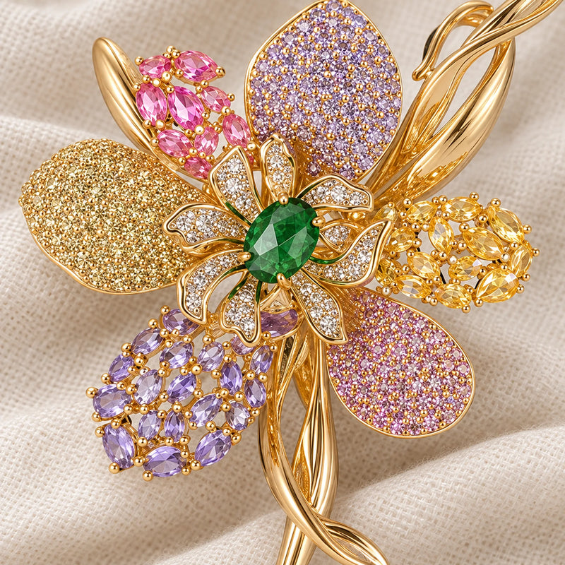 Close detail of Malva Multicolor Zircon Flower Brooch showing the actual stone settings and layered construction.
