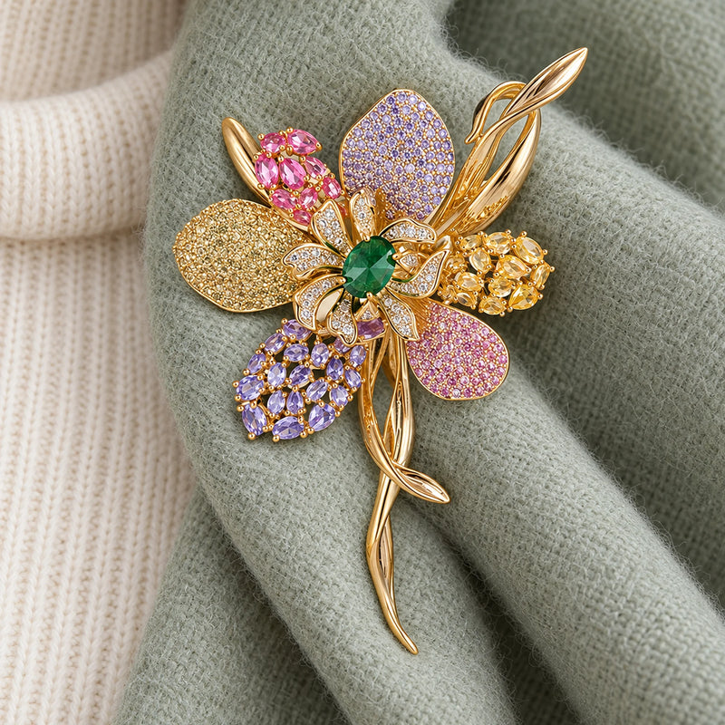 Malva Multicolor Zircon Flower Brooch fastened at its verified size to a supported sage wool scarf fold.