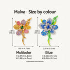 Malva size by colour: Multicolor approximately 2.87 by 1.85 inches (7.3 by 4.7 cm); Blue approximately 3.03 by 2.05 inches (7.7 by 5.2 cm), height by width.
