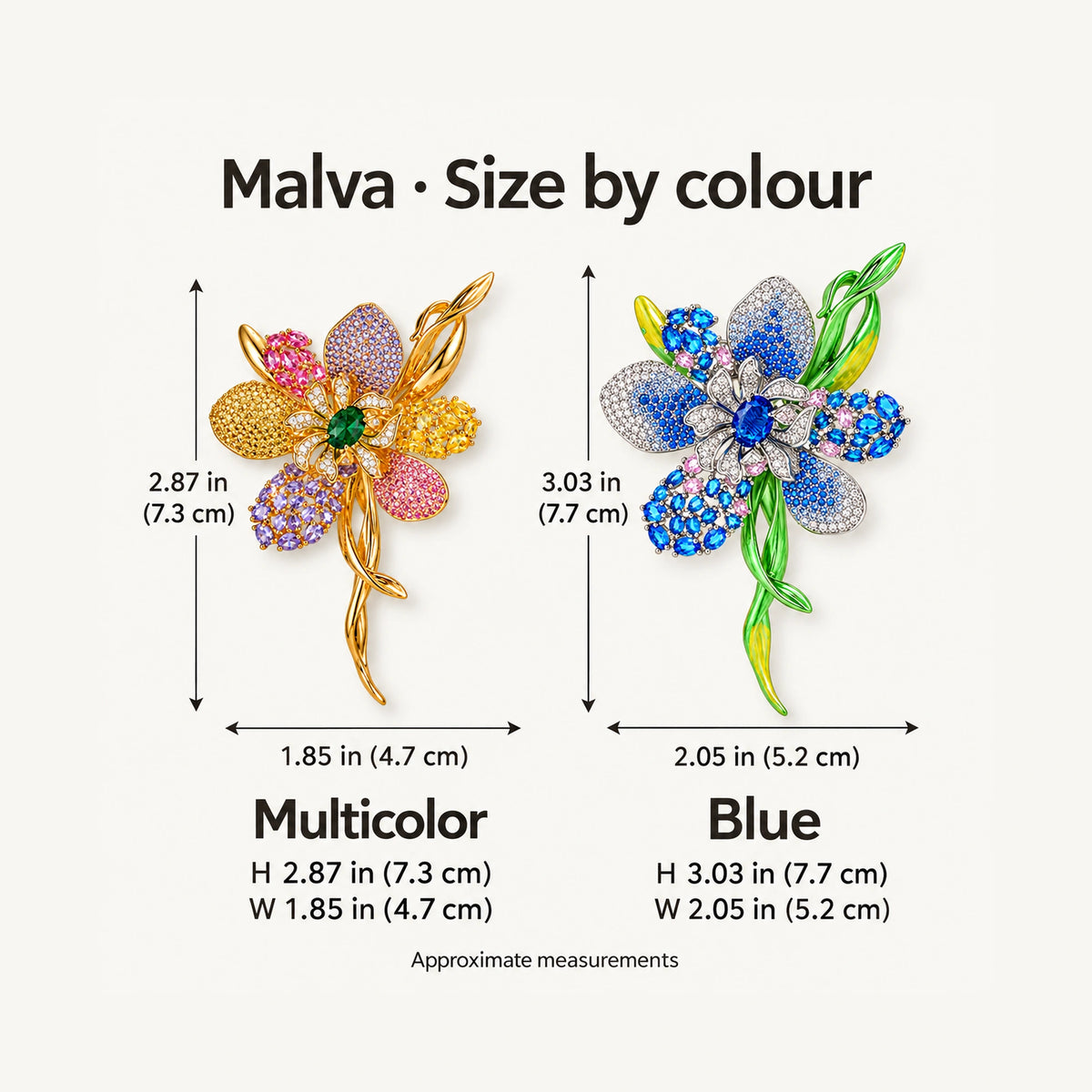 Malva size by colour: Multicolor approximately 2.87 by 1.85 inches (7.3 by 4.7 cm); Blue approximately 3.03 by 2.05 inches (7.7 by 5.2 cm), height by width.