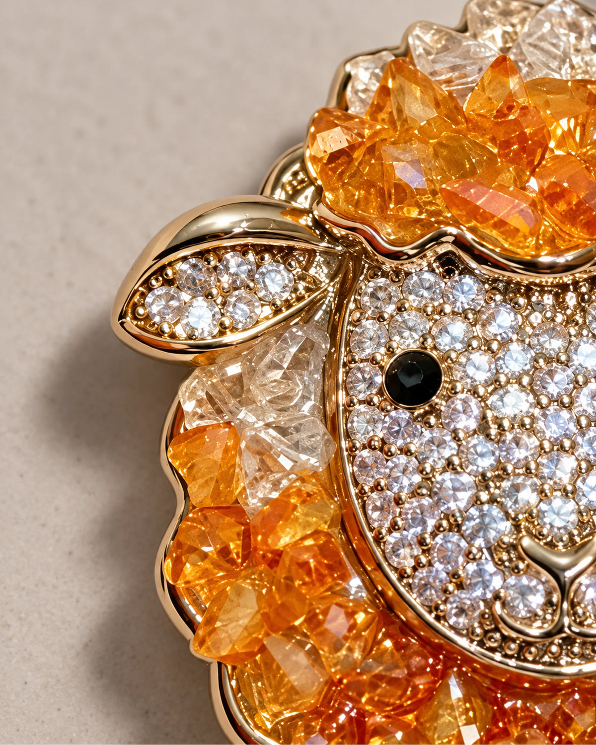 Macro of orange and clear crystals, a sheep ear and black eye