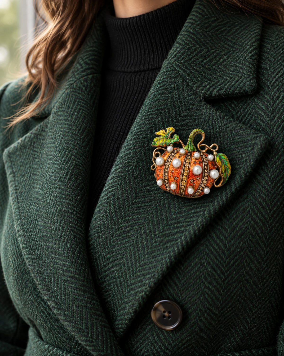 The Orange pumpkin rests inside a forest green coat lapel above a black knit.