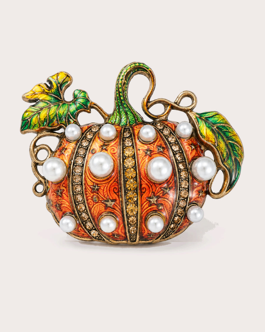 Nelli Pearl-Style Pumpkin Brooch in Orange, front view