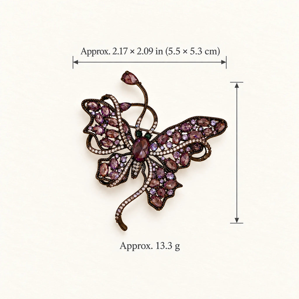 Nemi Smoky Purple Butterfly Brooch size: approximately 2.17 by 2.09 inches (5.5 by 5.3 centimetres), 13.3 grams.