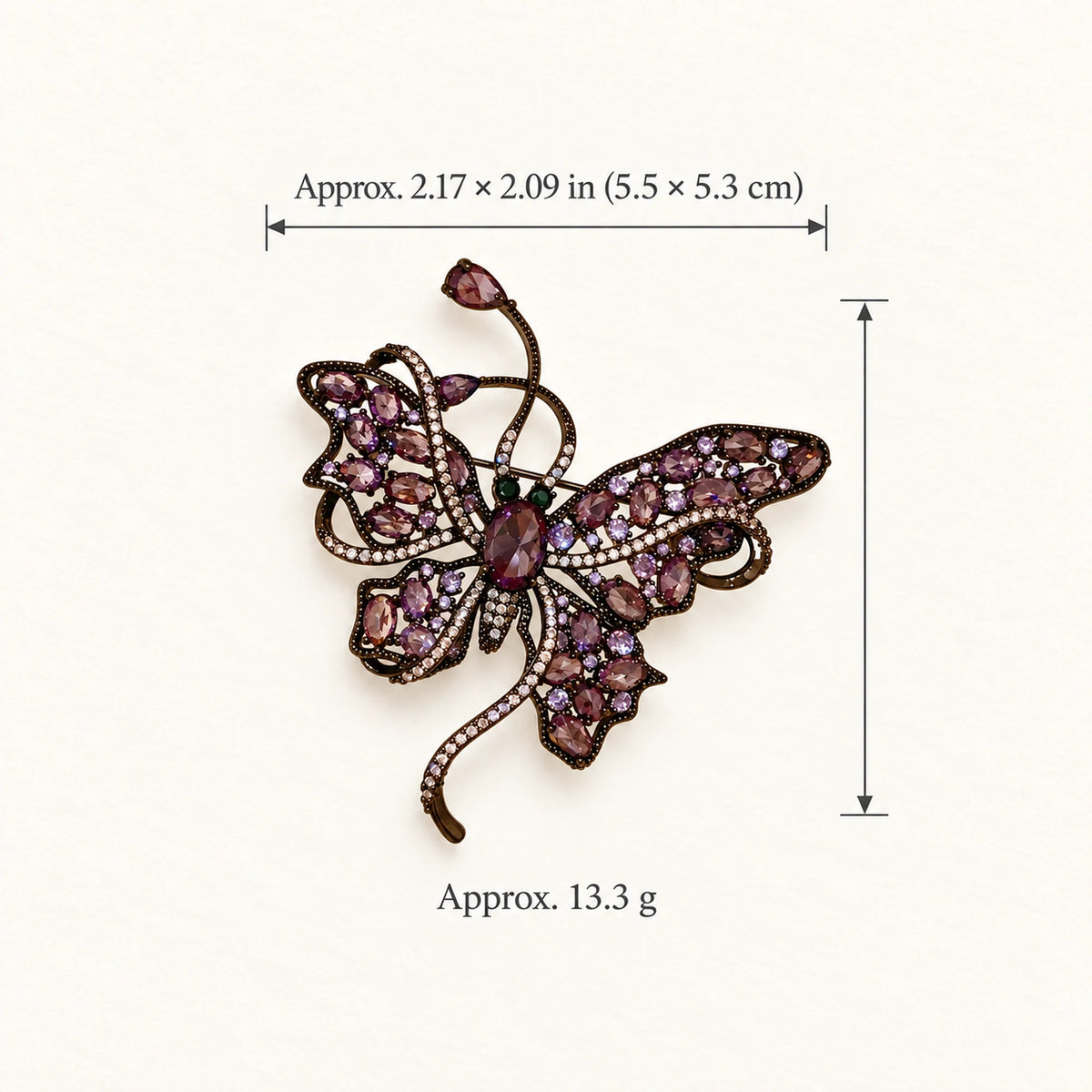 Nemi Smoky Purple Butterfly Brooch size: approximately 2.17 by 2.09 inches (5.5 by 5.3 centimetres), 13.3 grams.