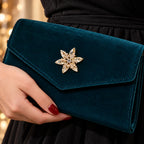 A reinforced teal fabric bag flap supports the gold-tone snowflake and all six crystal points.