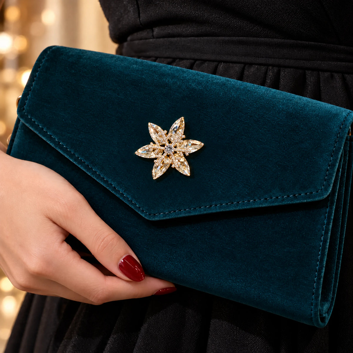 A reinforced teal fabric bag flap supports the gold-tone snowflake and all six crystal points.