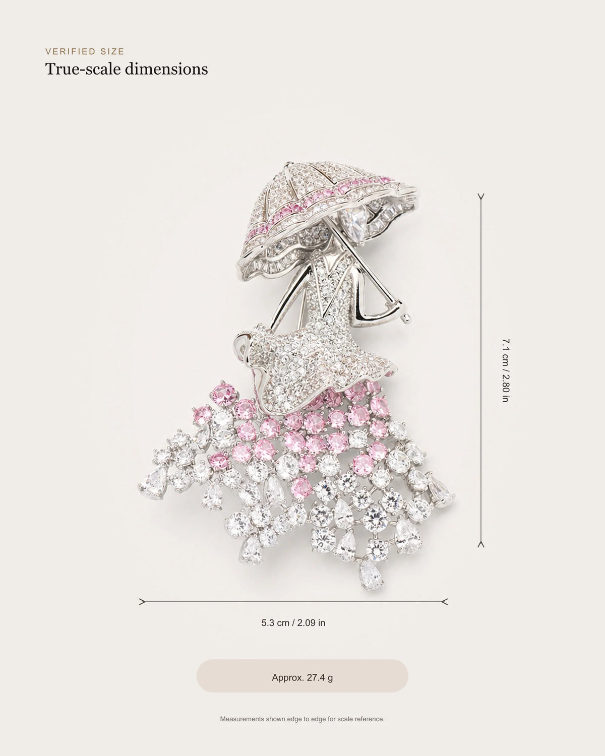 Noora size guide showing 5.3 by 7.1 centimetres and approximately 27.4 grams