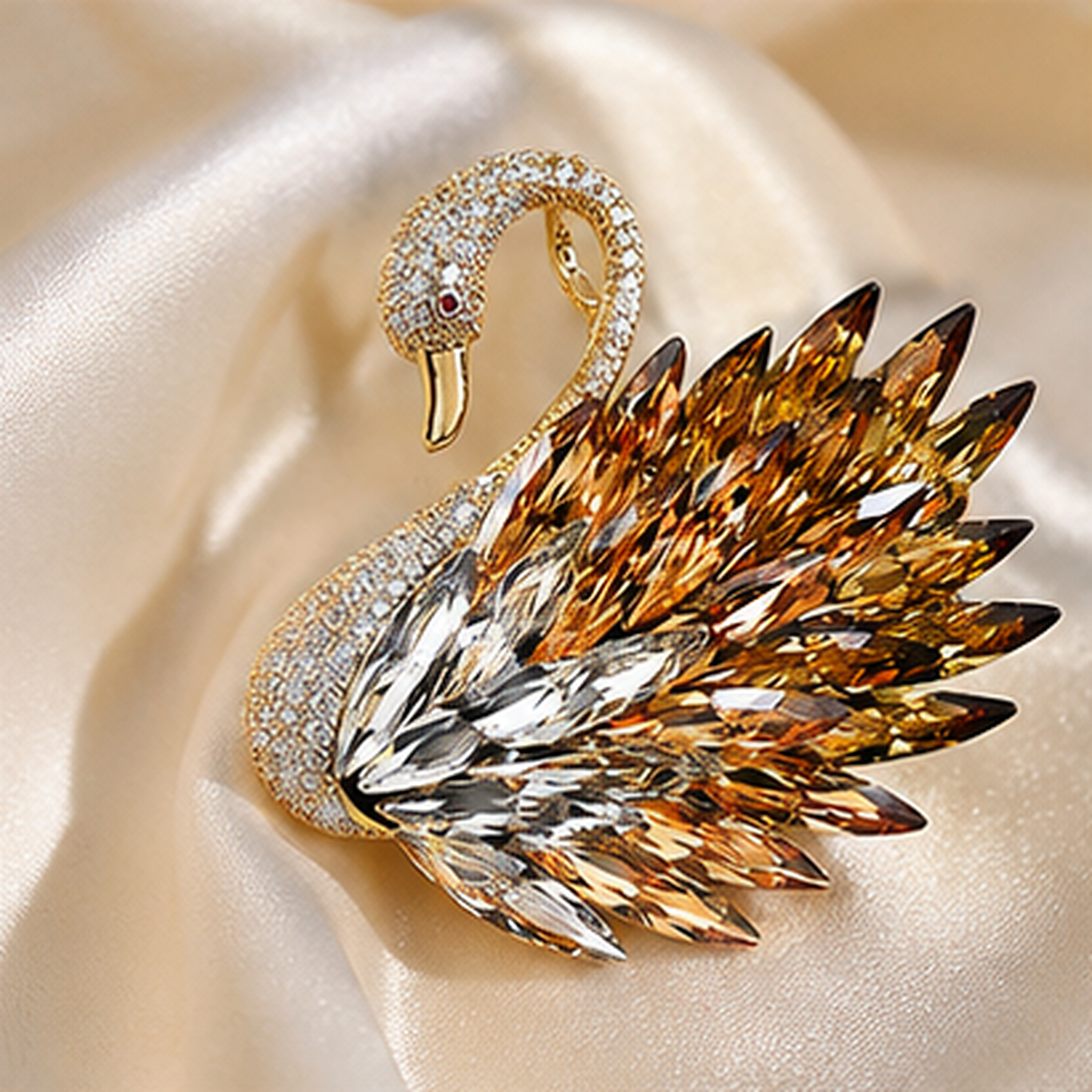 Odette Swan Crystal Brooch on warm silk