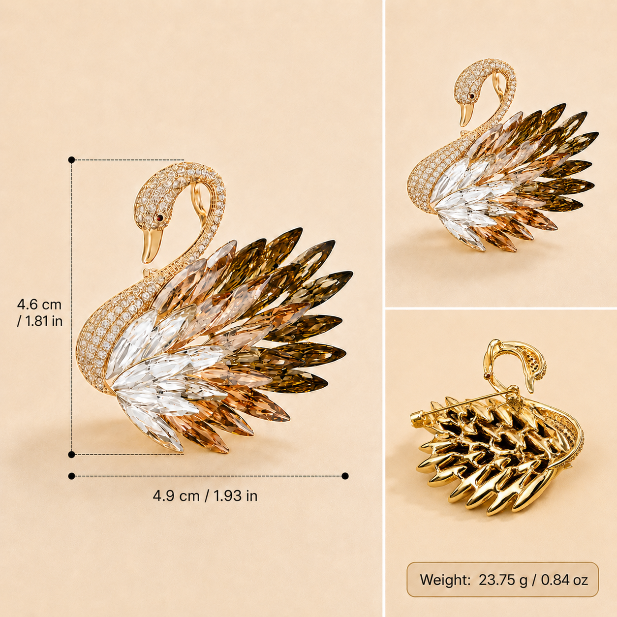 Odette Swan Crystal Brooch dimensions