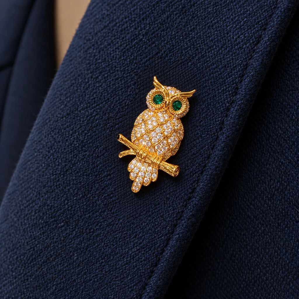 The small owl rests fully inside a broad navy wool folded lapel.