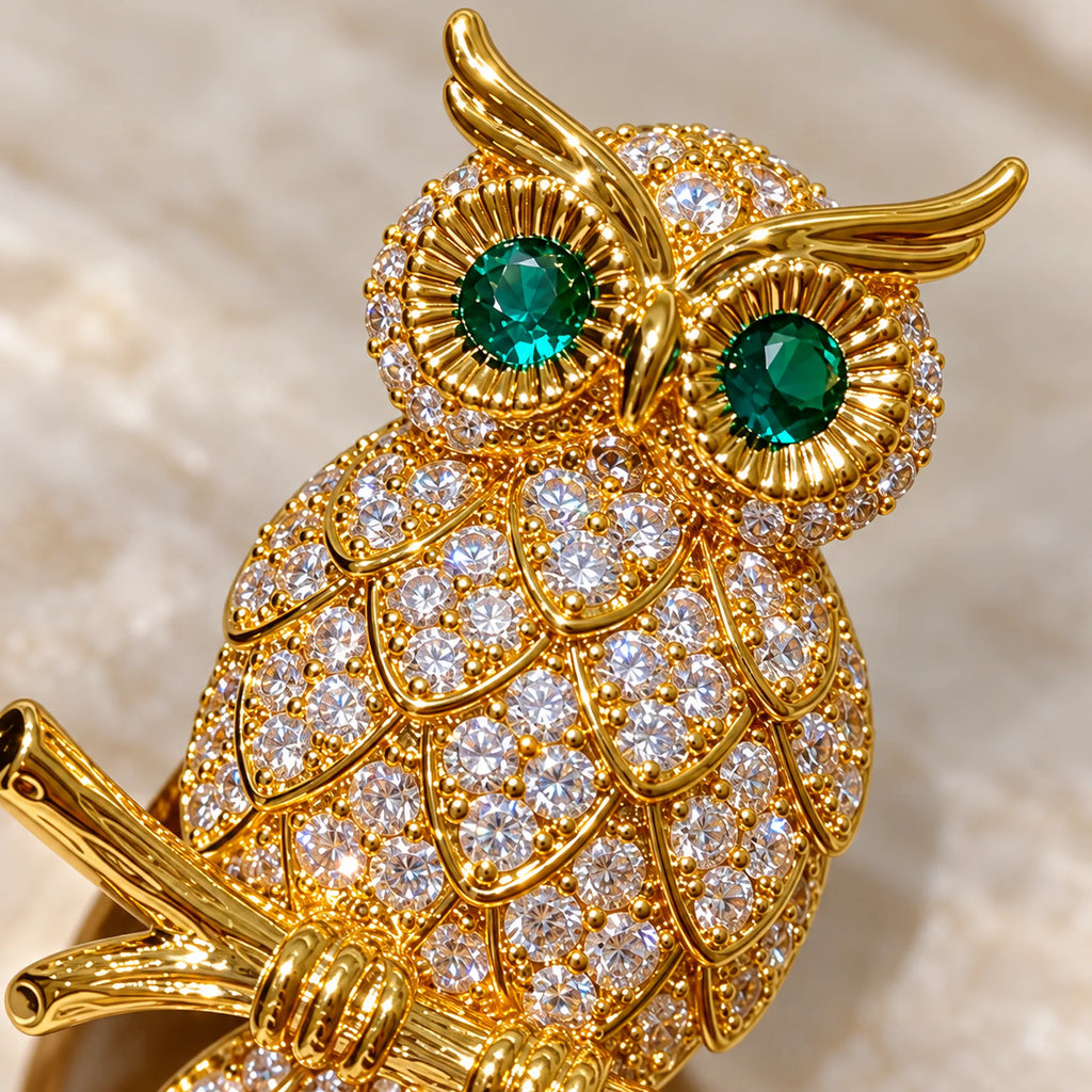 Green stone eyes and raised gold-plated feather borders surround the clear zircon.