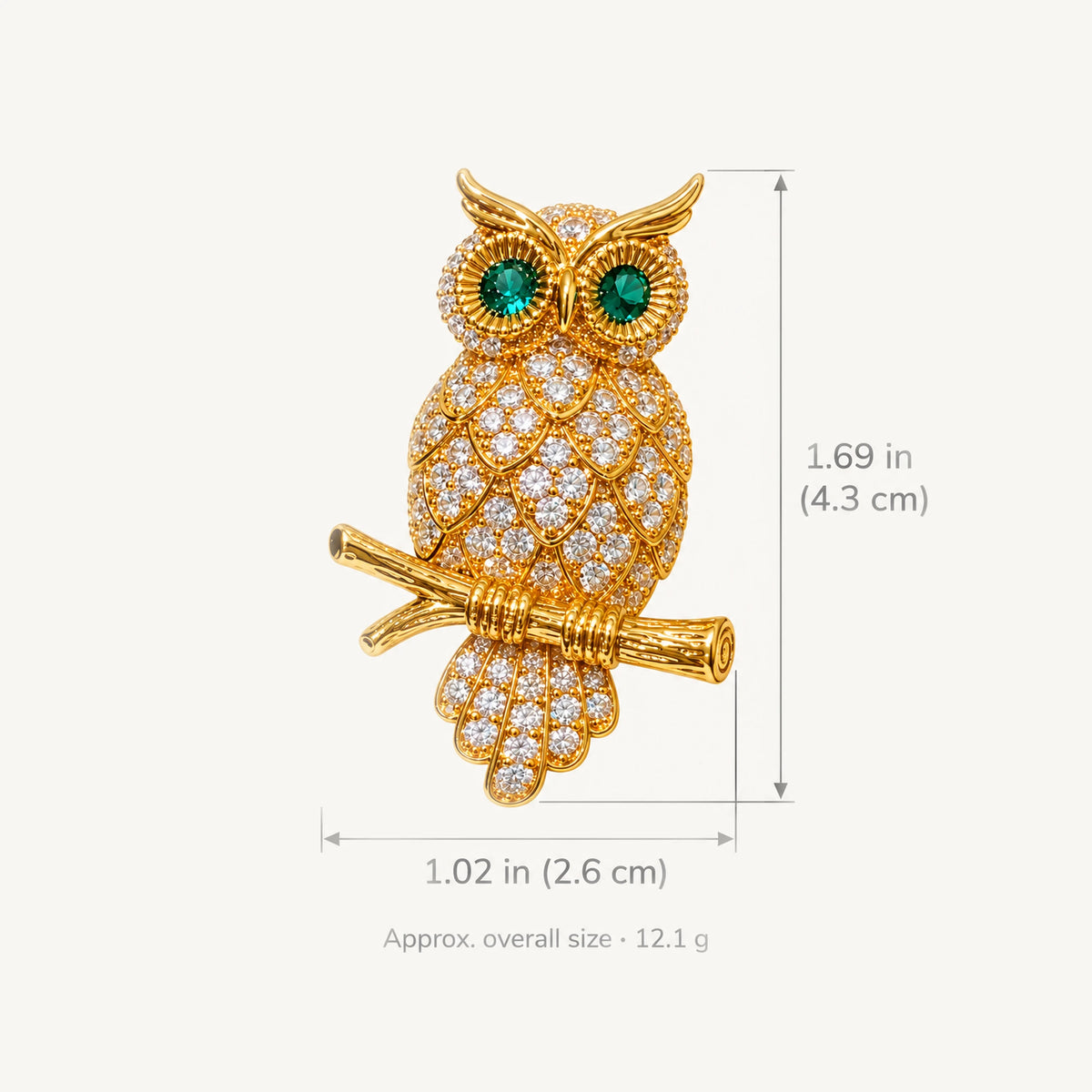 Oiva Green-Eyed Zircon Owl Brooch overall size: Approx. 1.69 × 1.02 in (4.3 × 2.6 cm); approximately 12.1 grams.