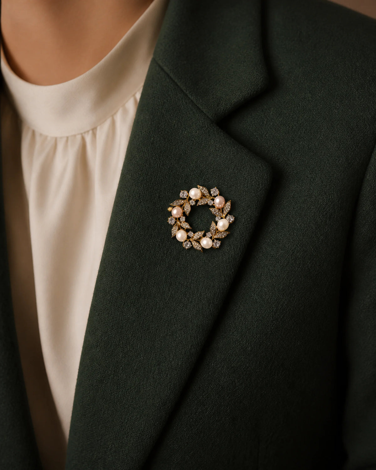 Close view of the Olea pearl wreath brooch pinned fully to a folded forest-green coat lapel at its true approximately 3.6 centimetre scale