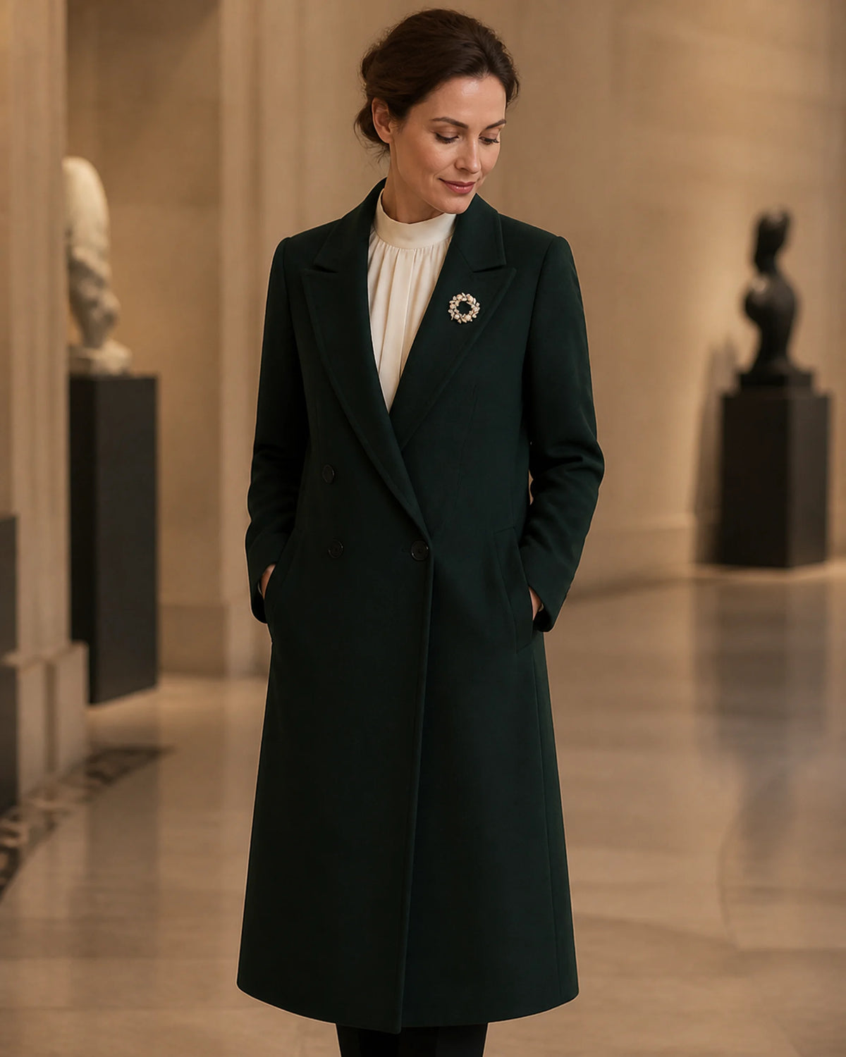 Wide styling view showing the true approximately 3.6 centimetre scale of the Olea brooch on a folded forest-green coat lapel