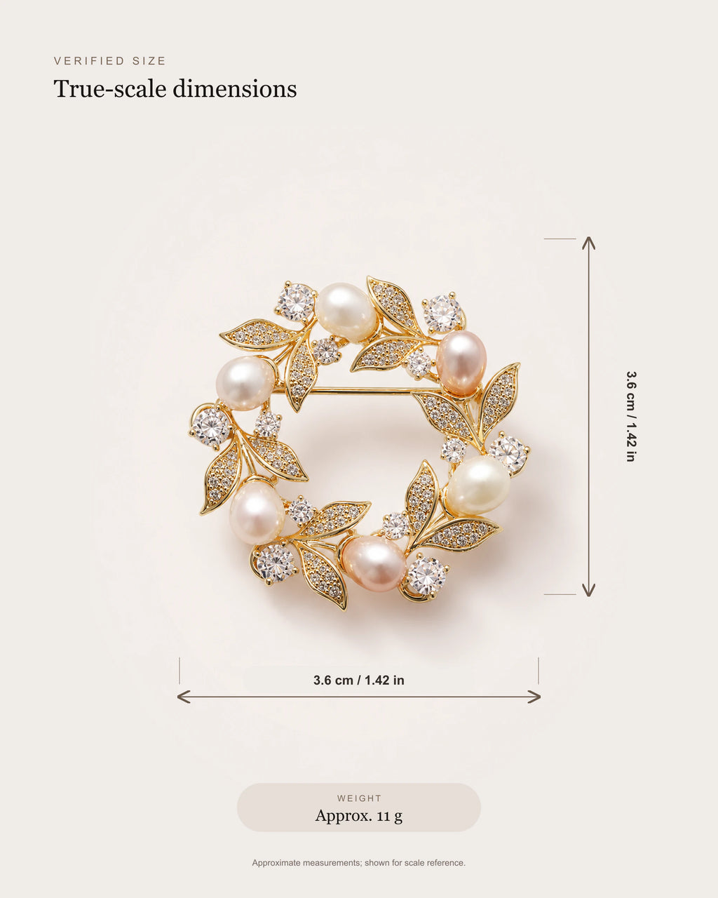 Olea Freshwater Pearl Wreath Brooch size guide showing approximately 3.6 by 3.6 centimetres and 11 grams