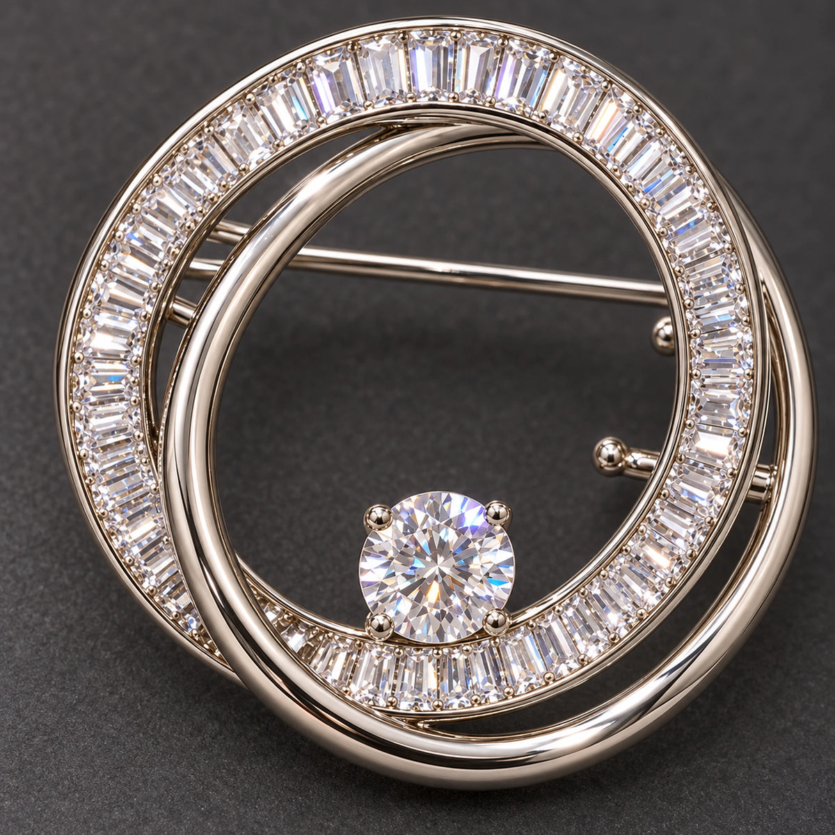 The round clear accent meets the radiating baguettes and the smooth polished crossover.