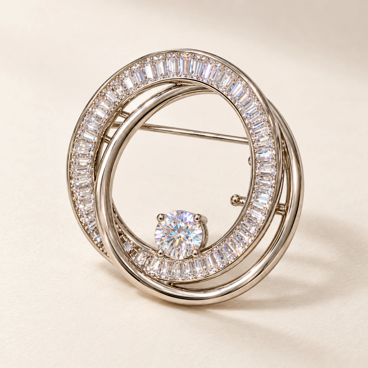 Oona Baguette Zircon Double-Loop Brooch in a complete oblique front product display.
