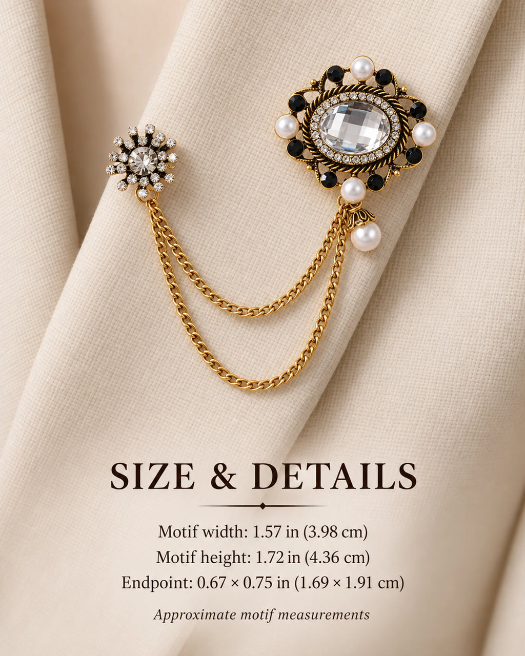 Ova Oval Beaded Lapel Chain Brooch in gold-tone finish; motif and endpoint dimensions