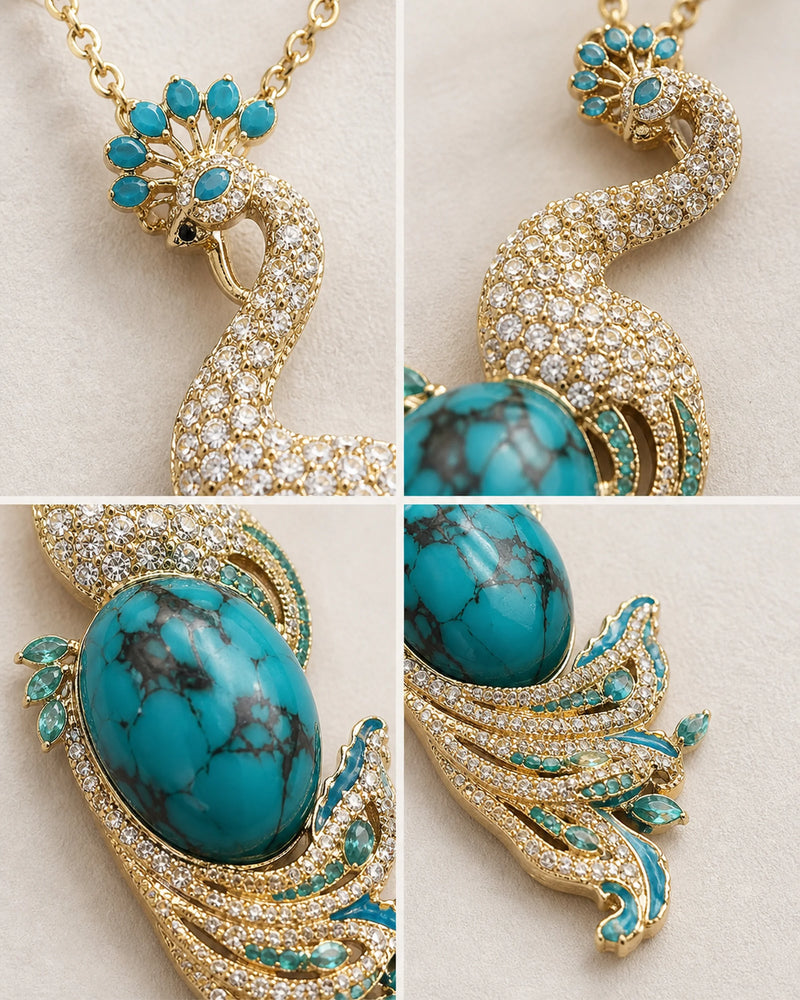 Four front and side detail views of Pava showing its crest, clear accents, patterned cabochon and tapered tail.