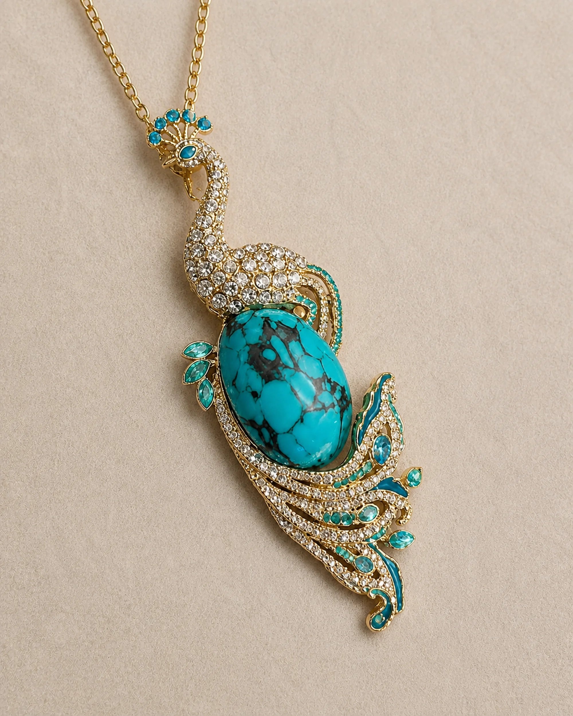 Macro view of the Pava peacock pendant's turquoise-tone patterned center, gold-tone frame and clear accents.