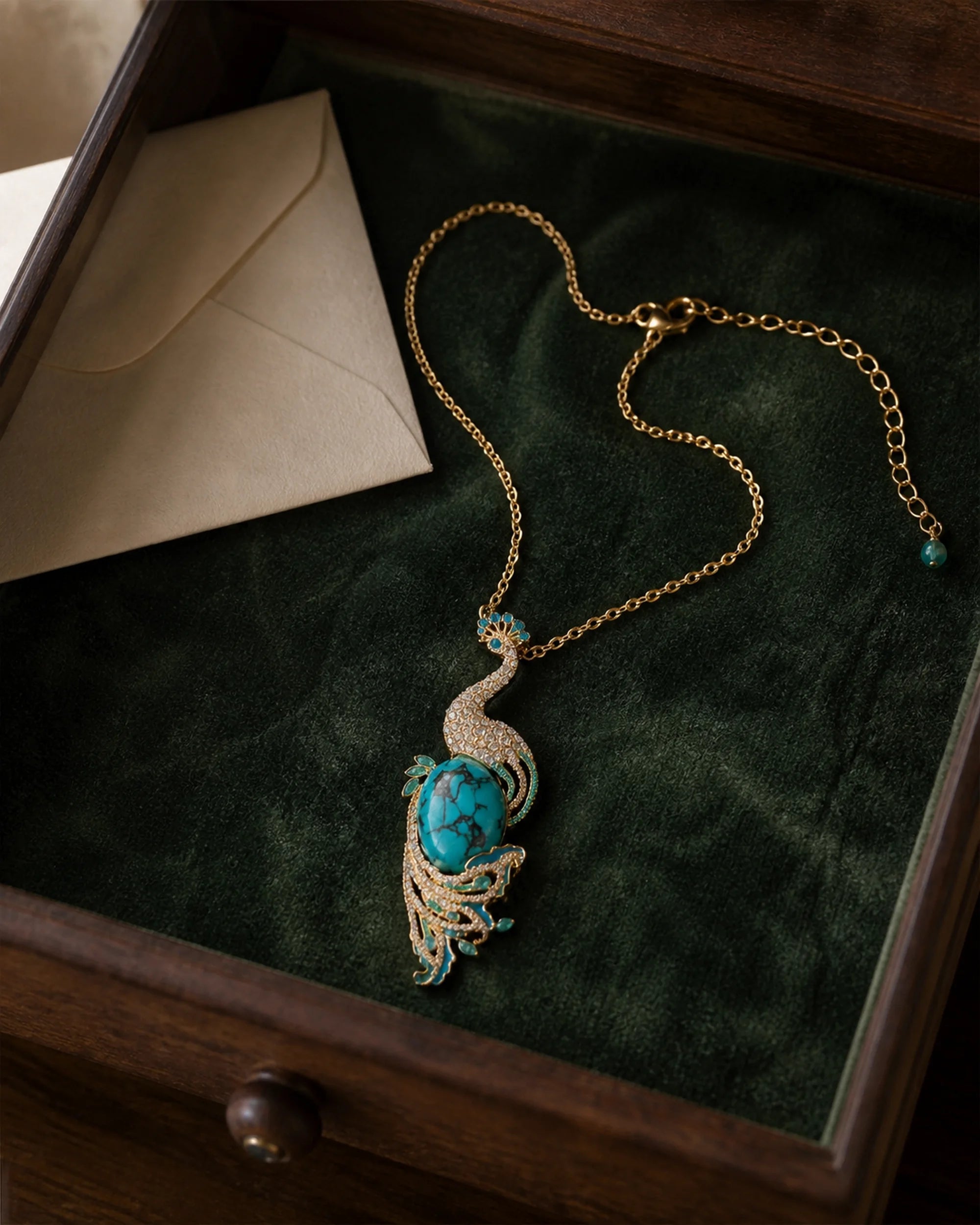 Pava gold-tone peacock pendant necklace resting in a realistic walnut drawer lined with dark green velvet.
