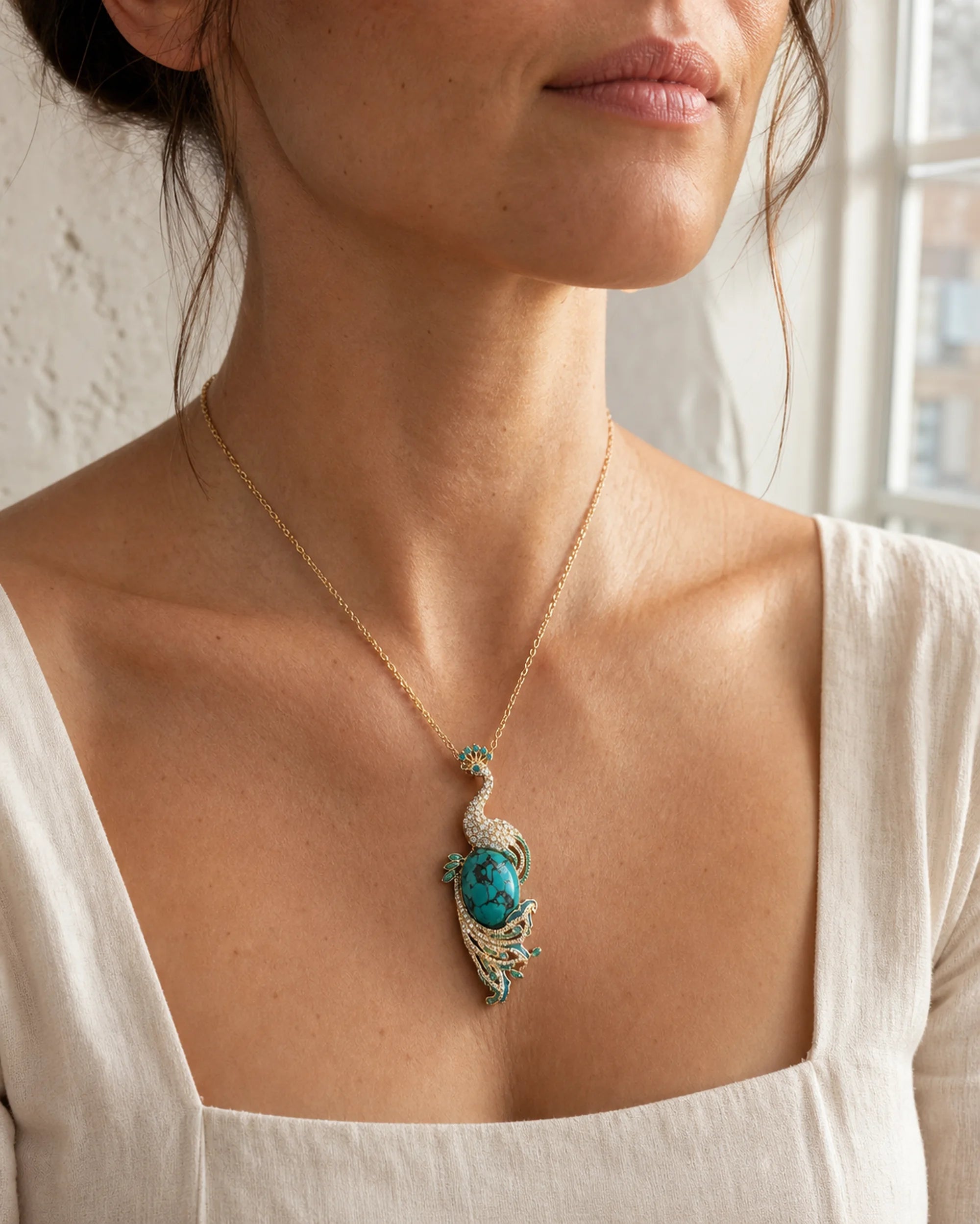 Close neckline view of the Pava peacock pendant necklace showing its natural 7.7 cm pendant scale.