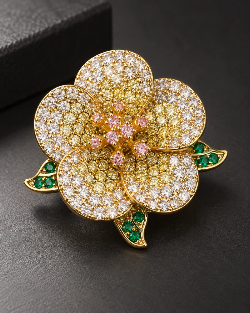 Pihla Pavé Flower Magnetic Brooch, Gold & Yellow, detail close-up