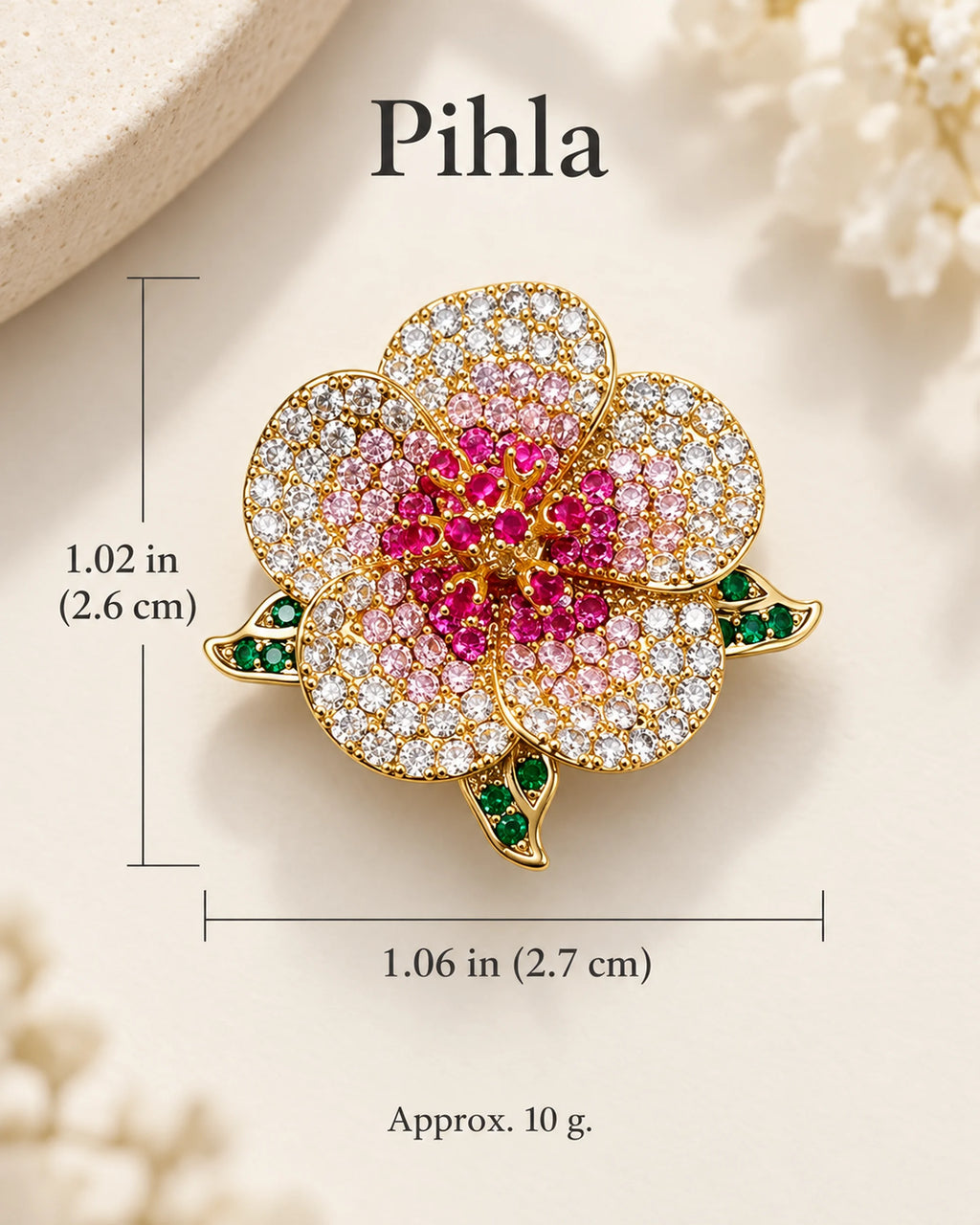 Pihla Pavé Flower Magnetic Brooch size guide: 2.7 cm wide, 2.6 cm high, 10 g