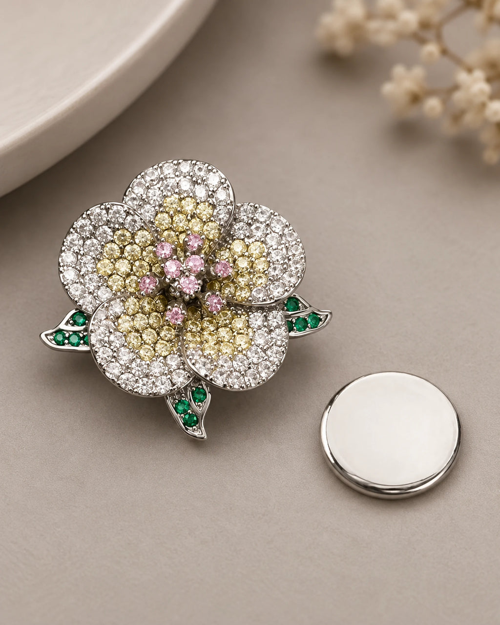 Pihla Pavé Flower Magnetic Brooch, Silver & Yellow with separate magnetic backing