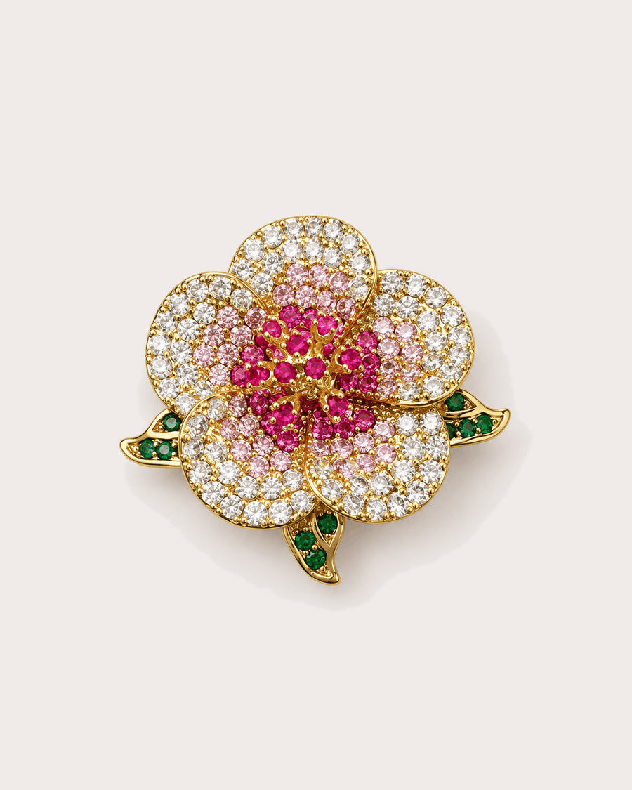 Pihla Pavé Flower Magnetic Brooch, Gold & Red, front product view