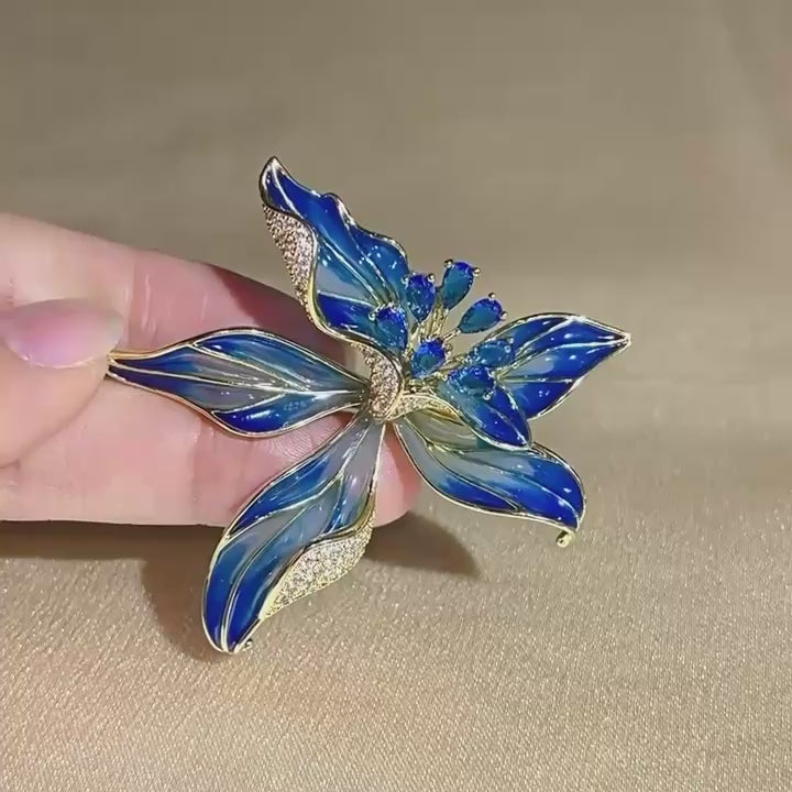 Riina Enamel Petal Flower Brooch in Blue and Pink Violet, with a view of the pin back.