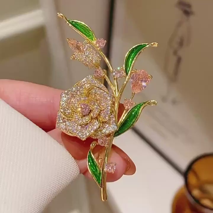Alva Pink Zircon Rose Brooch in motion; silent square close-up.