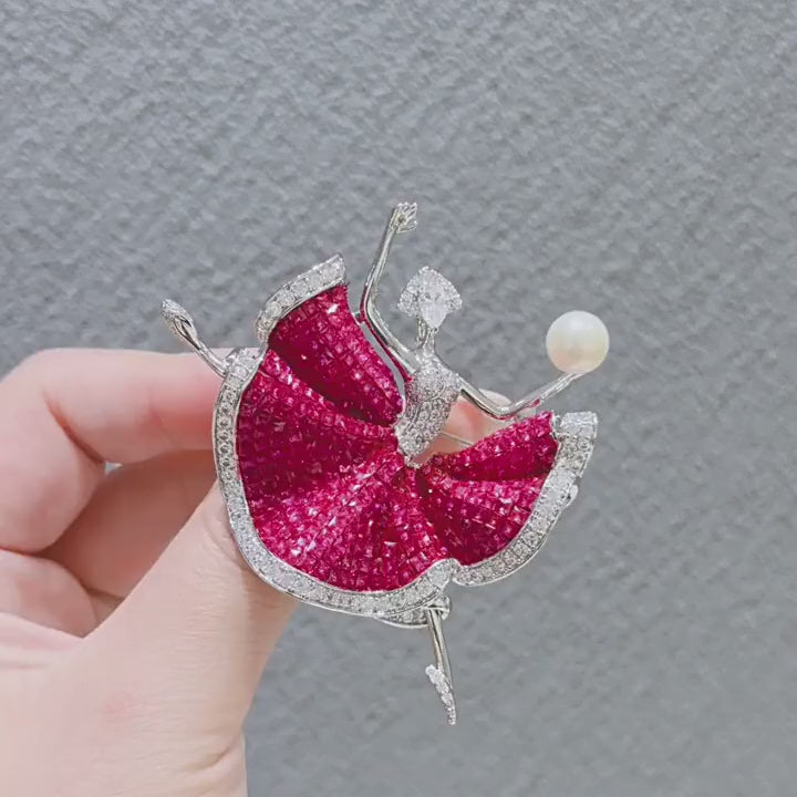 Aila Crystal Ballerina Brooch turning to show its three crystal colourways, profile and pin-back construction
