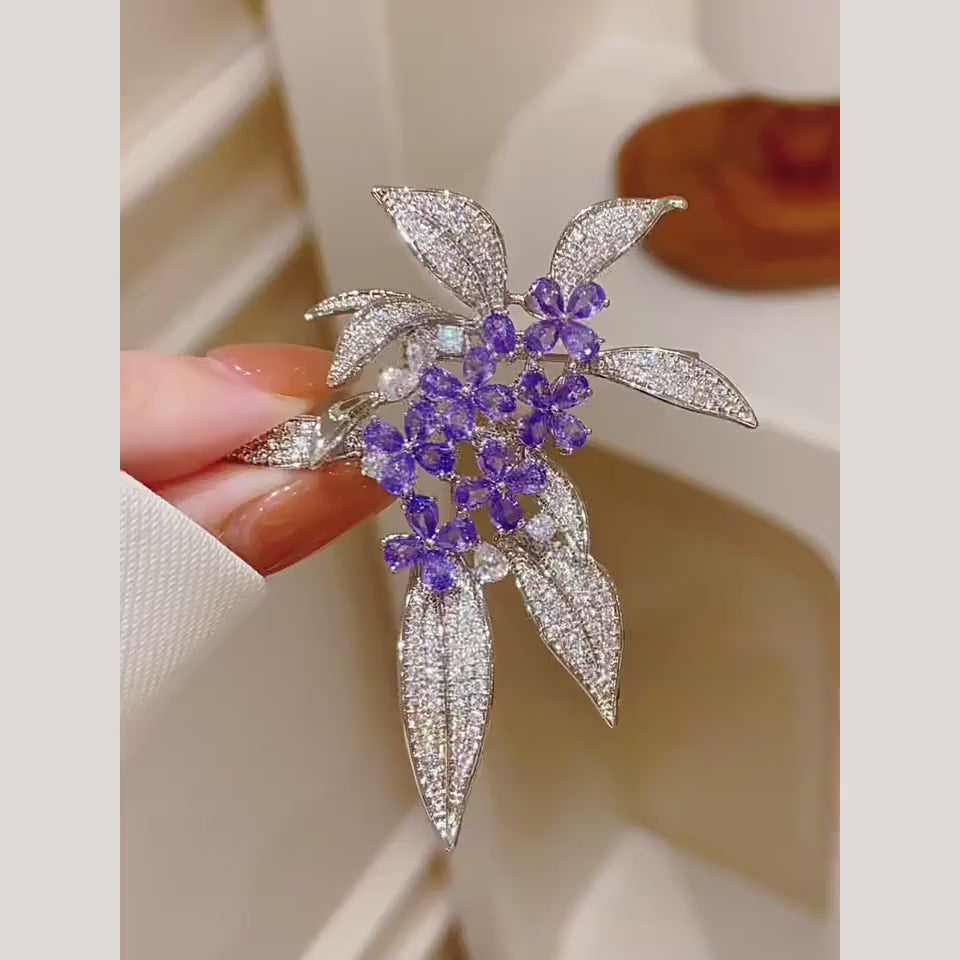 Violetta purple flower cluster brooch shown from several angles