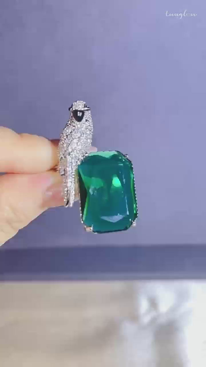 Pippa Faceted Parrot Brooch — green and pink variants shown in motion, silent 19-second product film