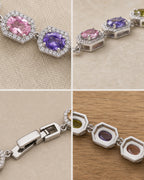 Four detail views of the Prisma bracelet clasp, halo settings, articulated links and plated brass profile.
