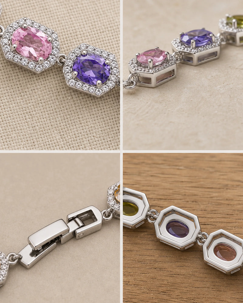 Four detail views of the Prisma bracelet clasp, halo settings, articulated links and plated brass profile.