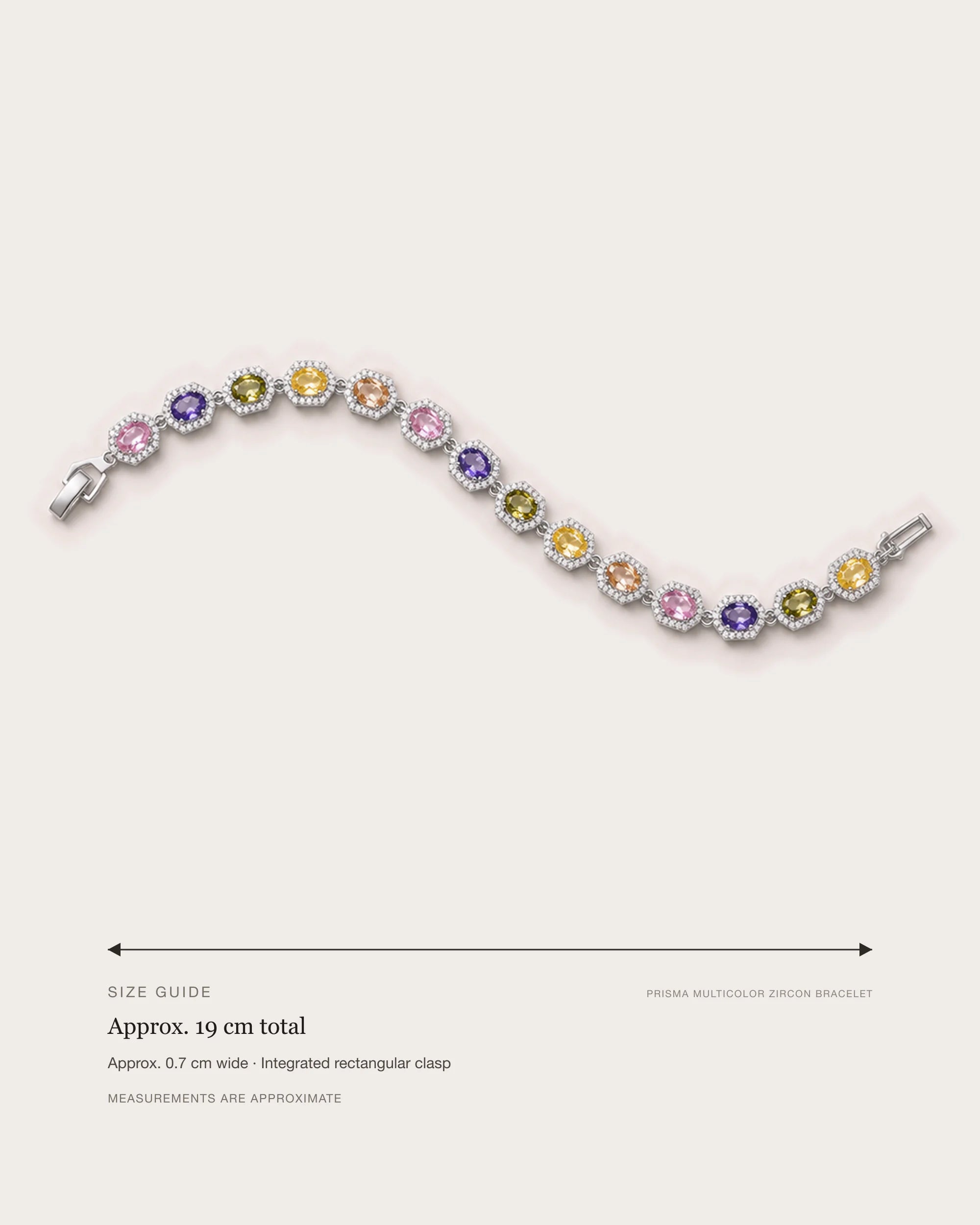 Prisma Multicolor Zircon Link Bracelet size guide showing approximately 19 cm total length and 0.7 cm width.